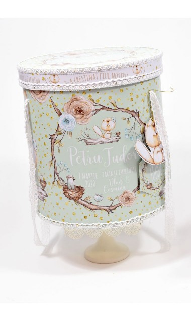 Trusou de botez cu castori, buline gold si ramuri de brad personalizat pentru baieti 1